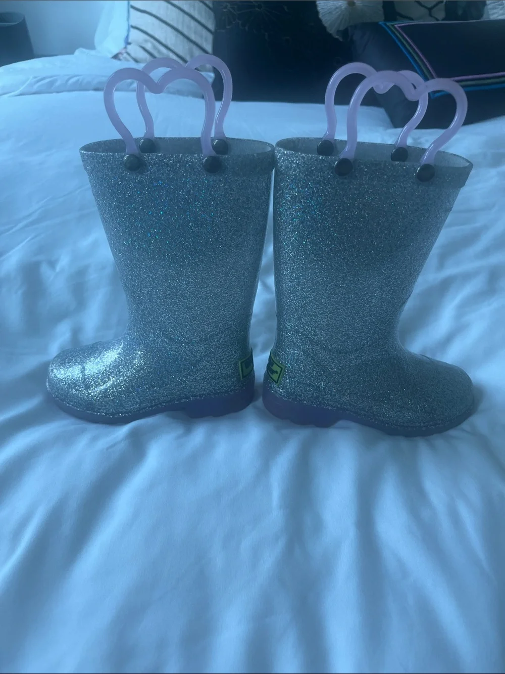 Western Chief Silver Glitter Kids Rain Boots with Pink Pull Handles